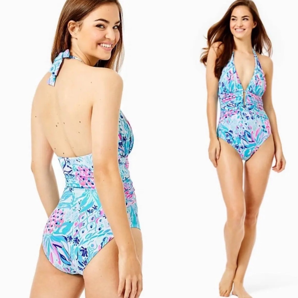 Lilly Pulitzer Aqua Floral Halter One-Piece Swimsuit